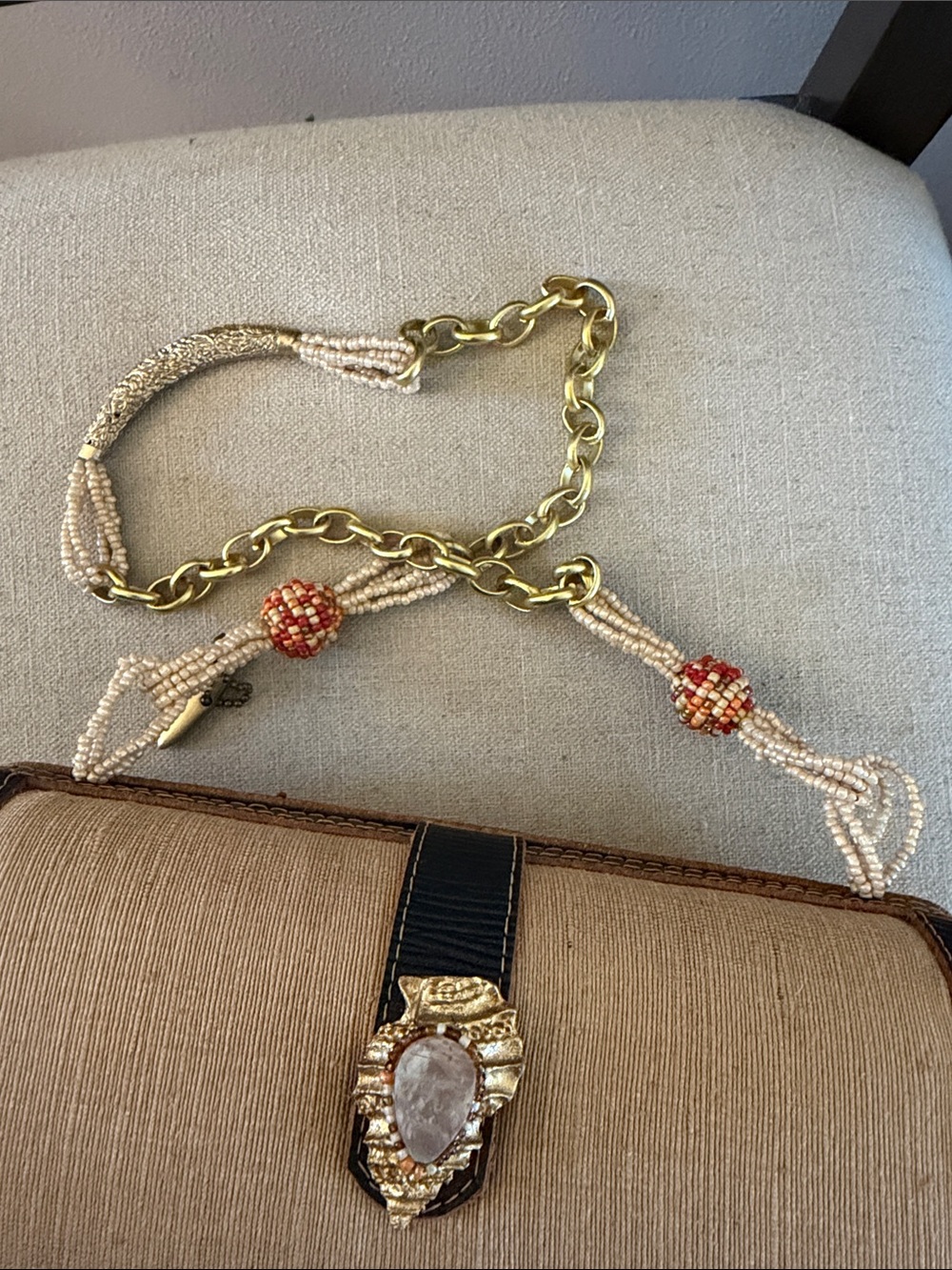 Mary Frances Rare Beaded Embellished Coral Motif Shoulder Bag Gold Tan Red - Picture 7 of 10